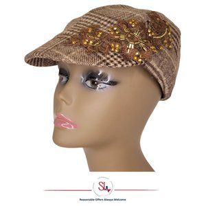SCALA PRONTO Women's Wool Blend Houndstooth Jeweled Flat Cap Newsboy Cap